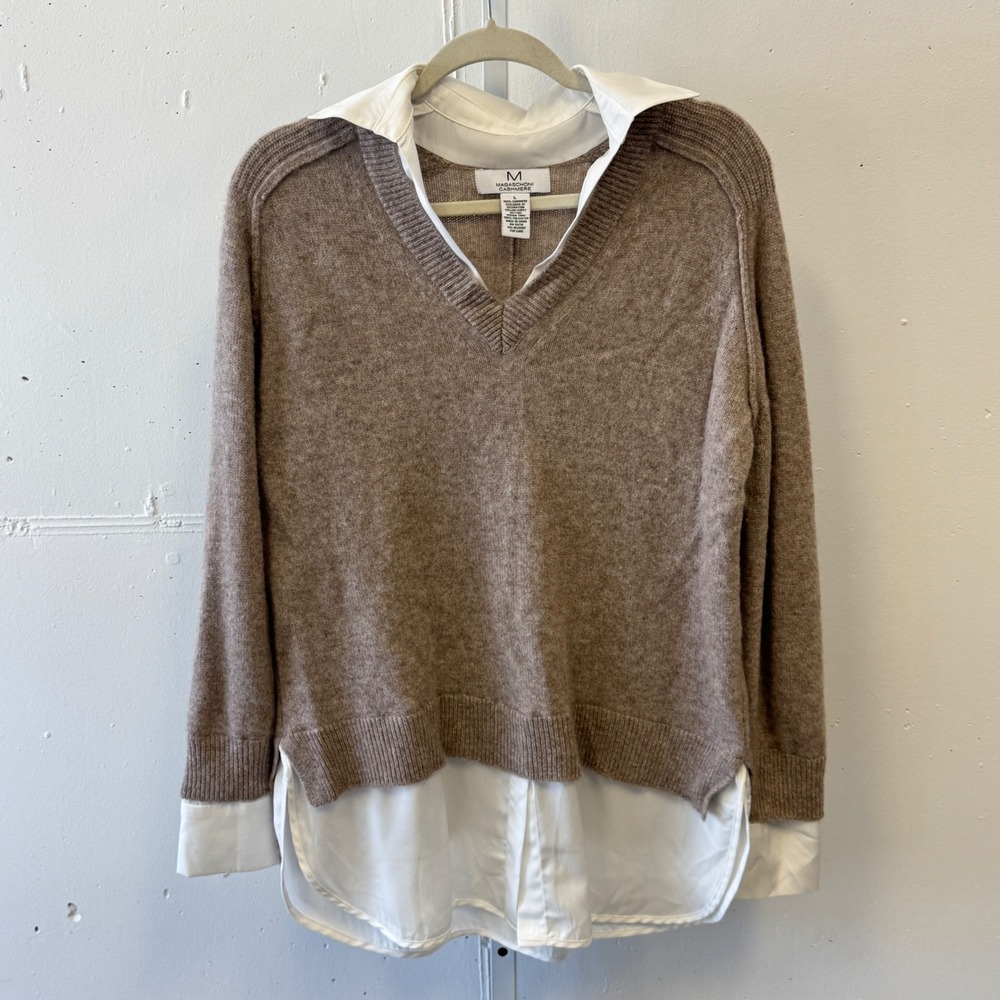Magaschoni 100% Cashmere Layered Look‎ V-Neck Sweater Taupe White Trim Large